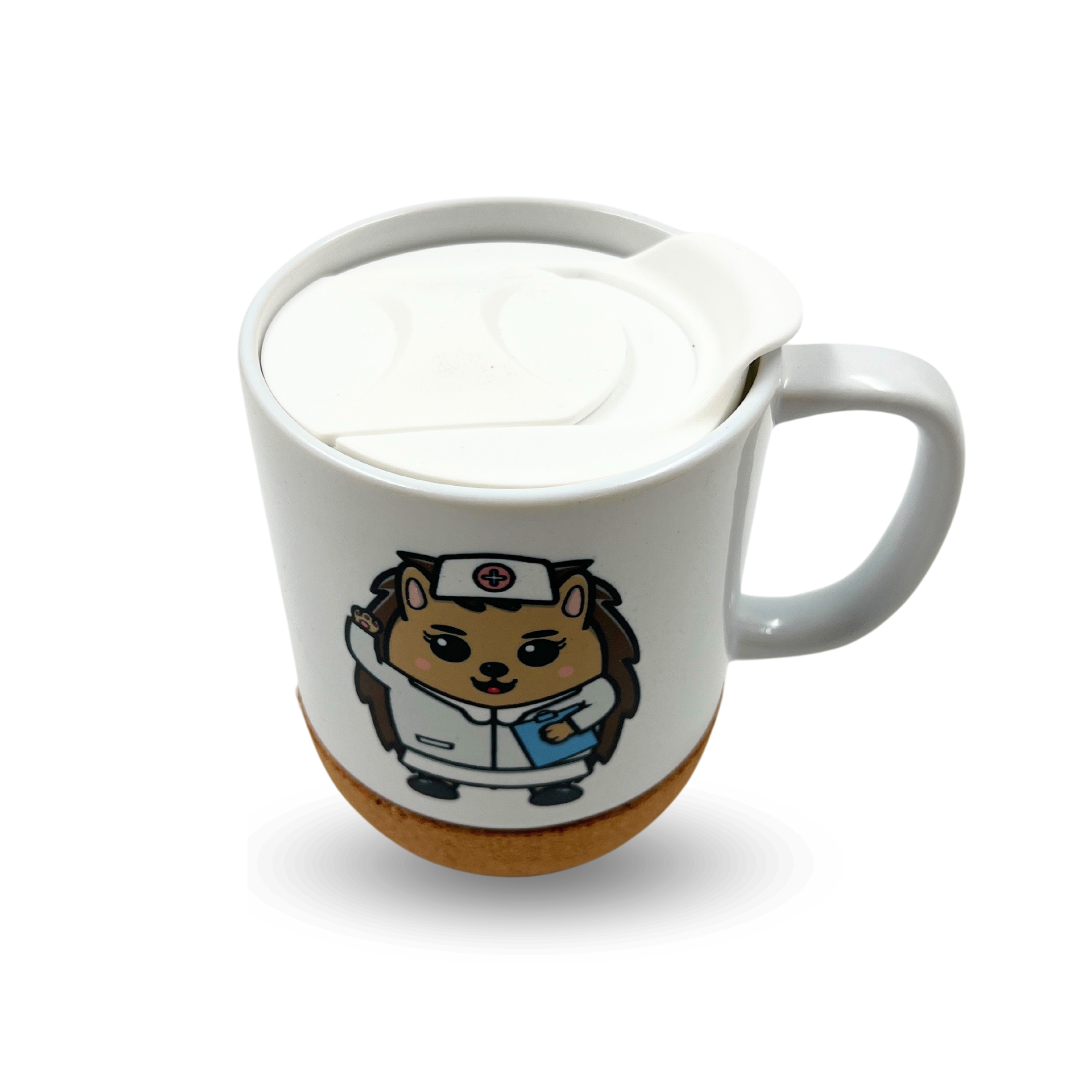 Taza de cerámica en color blanco y nombre personalizado con diseño de una eriza vestida de enfermera con la base de corcho image number null